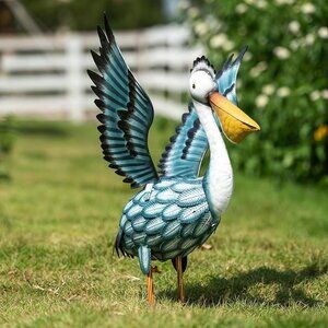 Pelican Outdoor Statues for Patio Decor,11.5" Metal Coastal Ocean Spread Bird